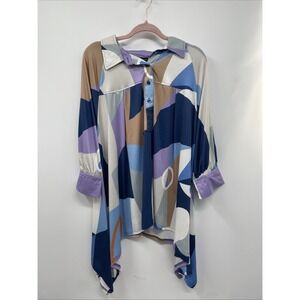 Ashley Stewart Sharkbite Shirt Womens 14/16 Multicolor Abstract Print Preppy NWT